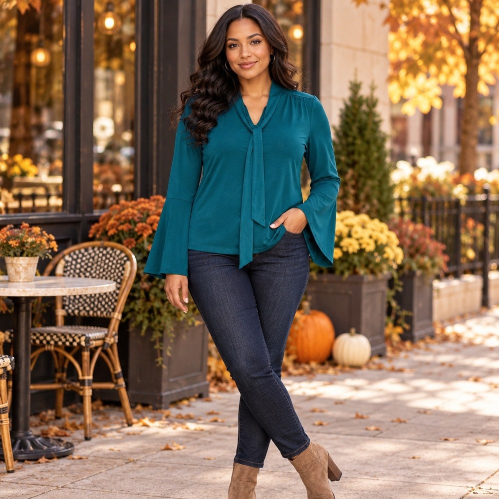 Apt. 9 Blouse Women Small Teal Tie Neck Bell Sleeve Stretch Workwear Top
